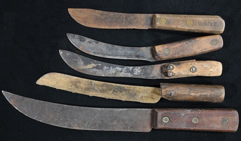 5 Vintage Butcher Knives one is Ontario Knife Co. 15 1/2" longest.