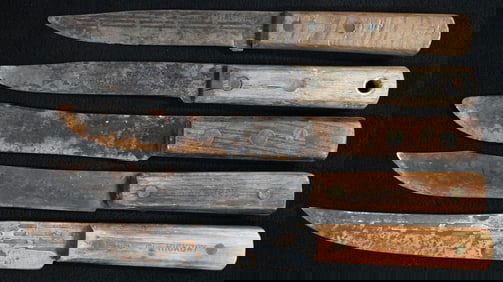 5 Vintage Butcher Knives 2 Ontario Knife Co., one Seargent Sheffield, one Old Tyme Forged. 12 3/4"
