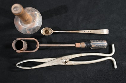 4 Vintage Tools Silver Plated Candle Snuffer, Lead Dipper, Birthing Tongs/Pliers, and Hog Hair