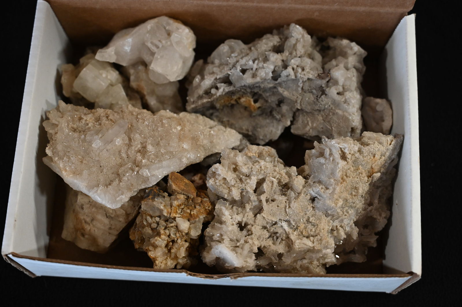 White Quartz Crystal Clusters: 9" x 6" x 3" Box full of White Quartz Crystal Clusters.