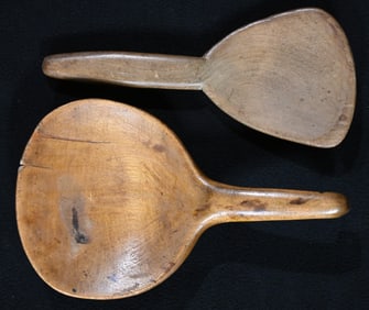 2 Vintage Hand Carved Wood Butter Paddles 8 1/2" longest.