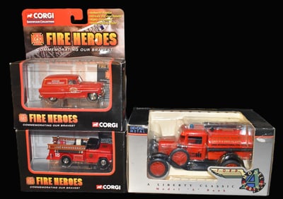 3 Vintage Diecast Fire Trucks - 2 Corgi 2002 Fire Heroes 1/43 Scale and Liberty Classic Ford Model A