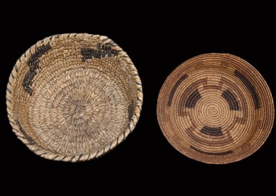 2 Vintage Hand Woven Baskets. 1 1/4" x 7 3/4" and 3 3/4" x 8 1/2".