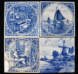 4 Vintage Hand Painted Delft Tiles - Made in Holland