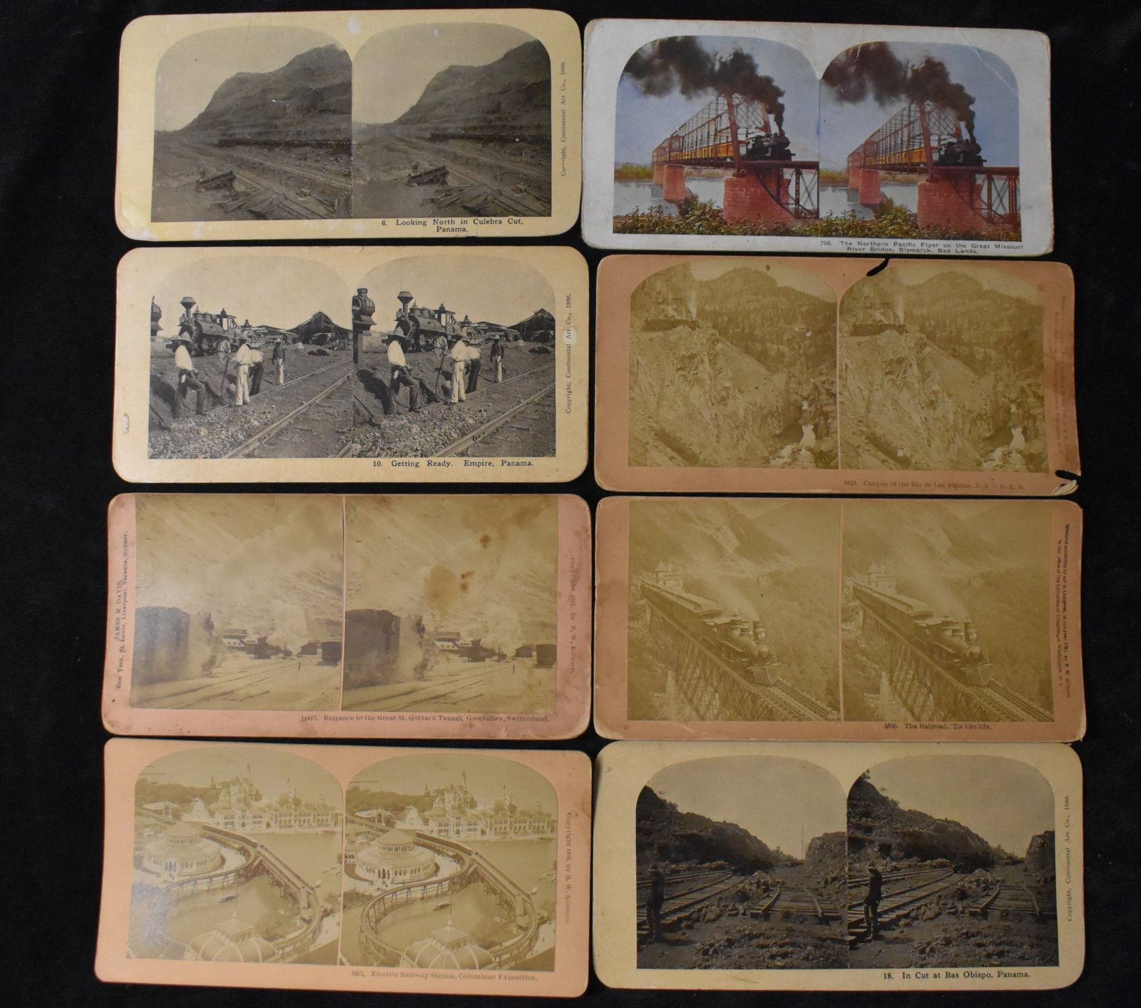 8 Railroad & Train Stereoscope Cards 1890-1906: 8 Railroad & Train Stereoscope Cards 1890-1906. Dates on the cards are from 1890-1906. A couple of the undated cards appear older. Highlights in this group is a picture of the Electric Railway Station