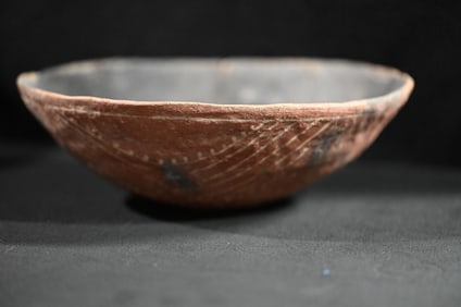 Cliff White on Red well-polished surface 3" x 9 1/4" Pottery Bowl. Red exterior with white painted