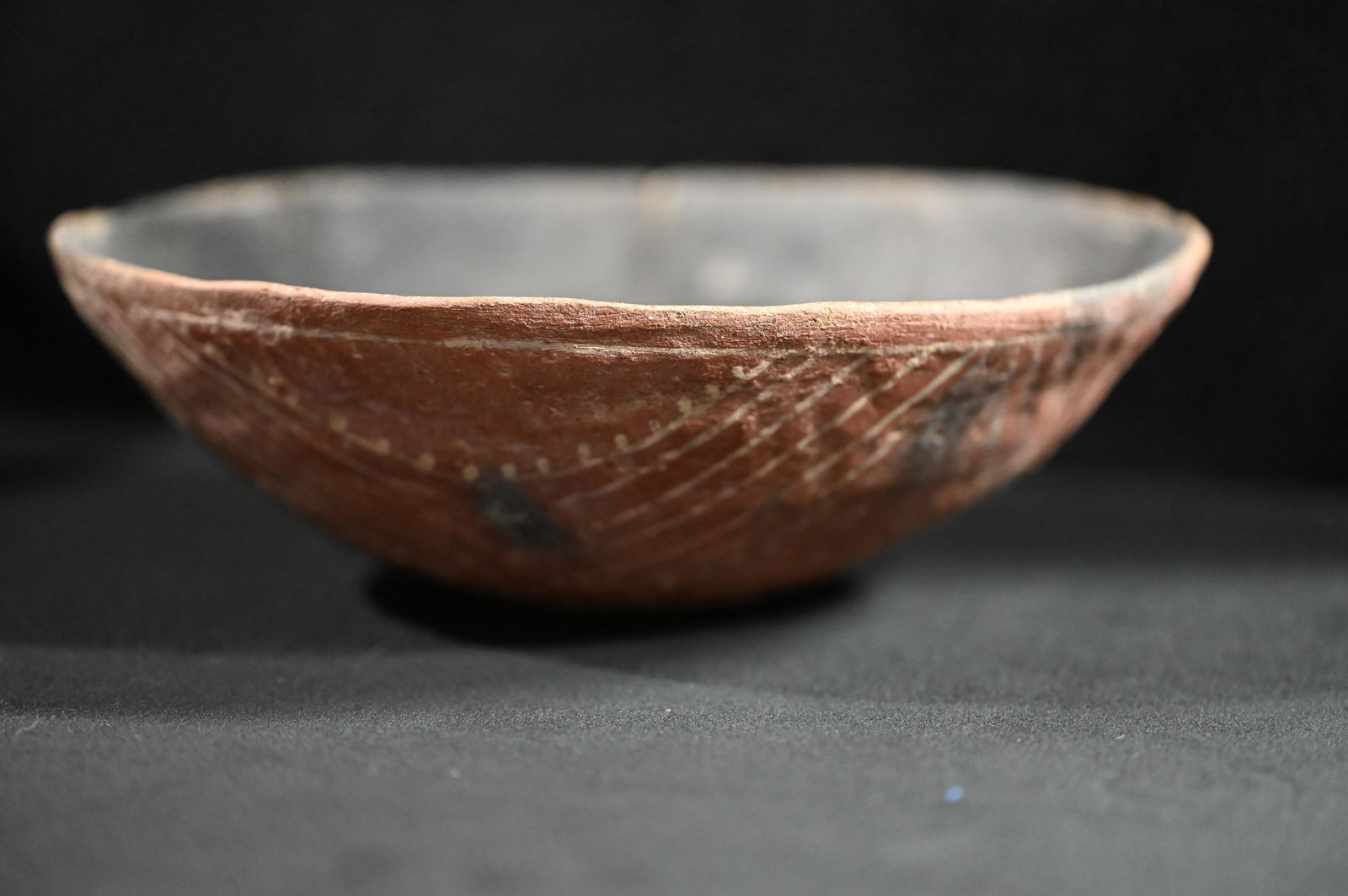 Cliff White on Red well-polished surface 3" x 9 1/4" Pottery Bowl.  Red exterior with white painted (1 of 8)