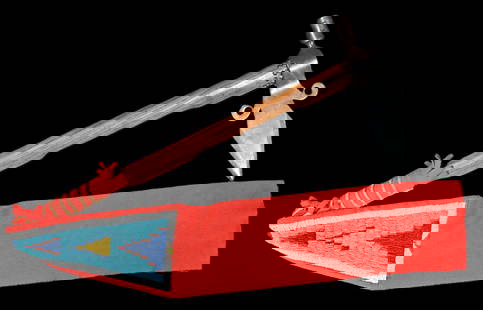 Hand Forged Brass Spontoon Pipe Tomahawk w/Beaded Drop. Rare type of Shoshone or Arapaho 25" Pipe: Hand Forged Brass Spontoon Pipe Tomahawk w/Beaded Drop. Rare type of Shoshone or Arapaho 25" Pipe Tomahawk.