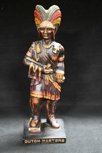 19" Dutch Masters Cigar Store Indian Statue.: 19" Dutch Masters Cigar Store Indian Statue. Made from Fiberglass Resin this is a reproduction statue but will still display very well.