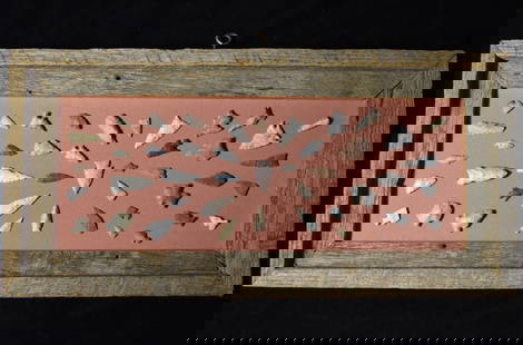 Frame of 44 Bird Points found in Barry County, Missouri by Leonard & Richard Bisby: Arrowheads in this frame are from the combined collection of artifacts from Leonard Bisby born in Oklahoma In 1910 and son Richard don Bisby born in 1932 in MO. Much of the collection was found in