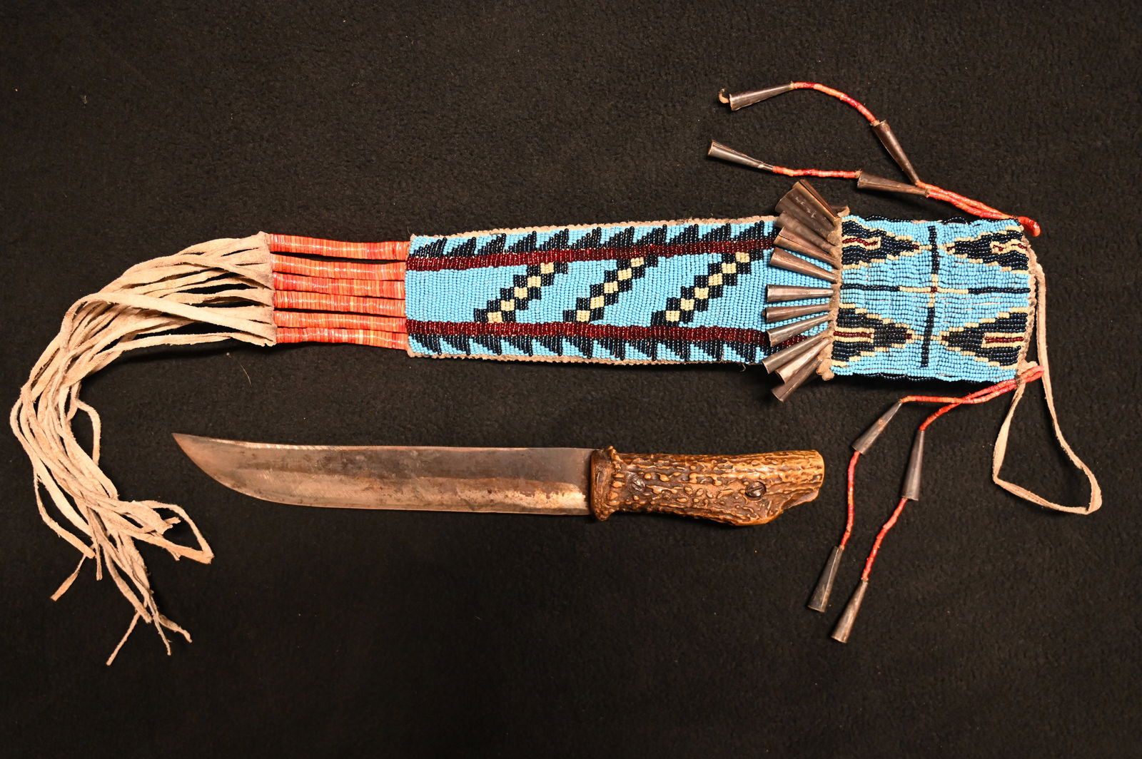 Beaded & Quilled Sioux Knife Sheath W/Stag Antler Handled Knife (1 of 9)