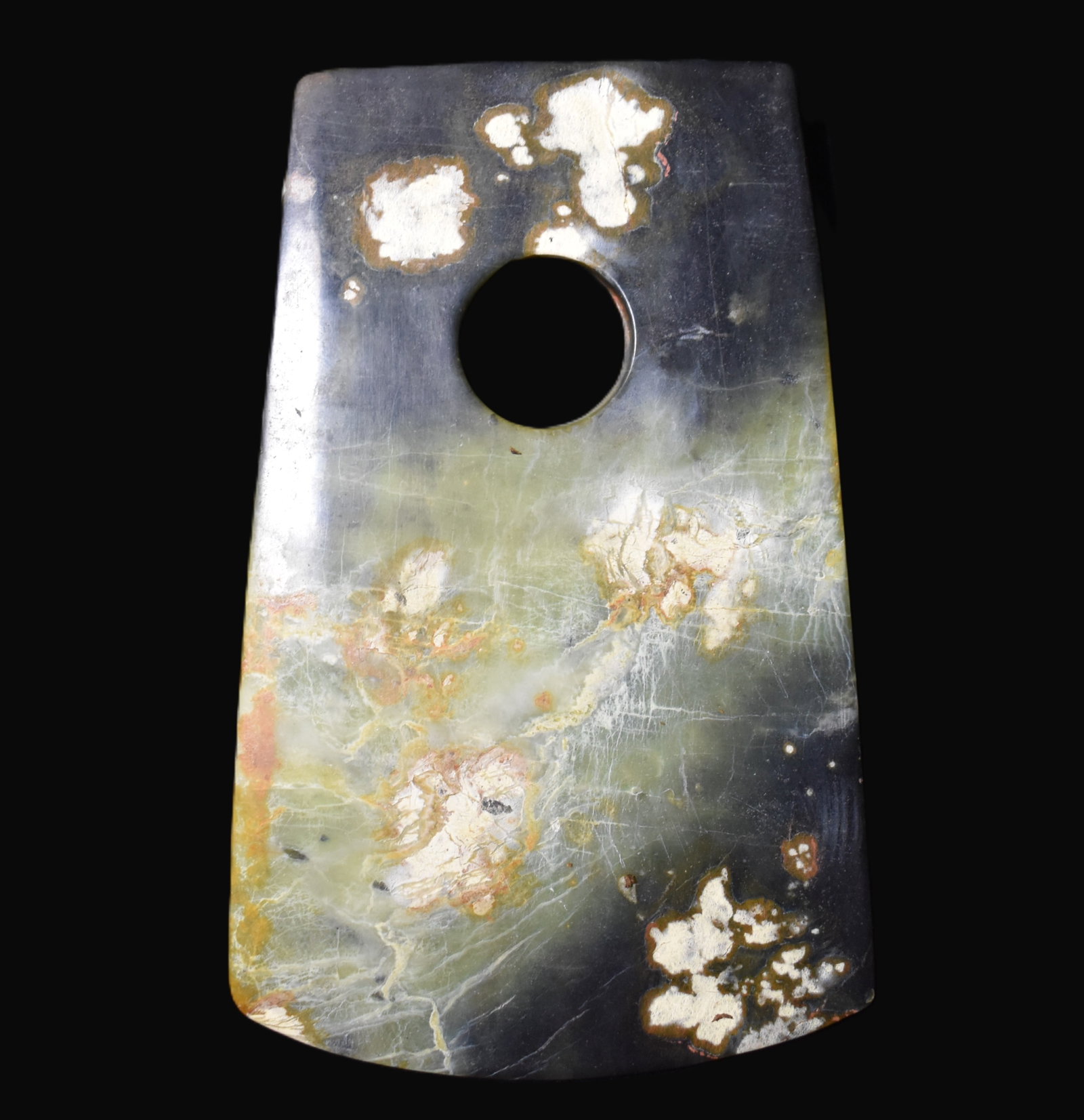 Large Jade Neolithic Axe found in Liangzhu Province, China: Large Jade Neolithic Axe found in Liangzhu Province, China. Measures approximately 7 1/4" long. Ex Ed Butkis Collection
