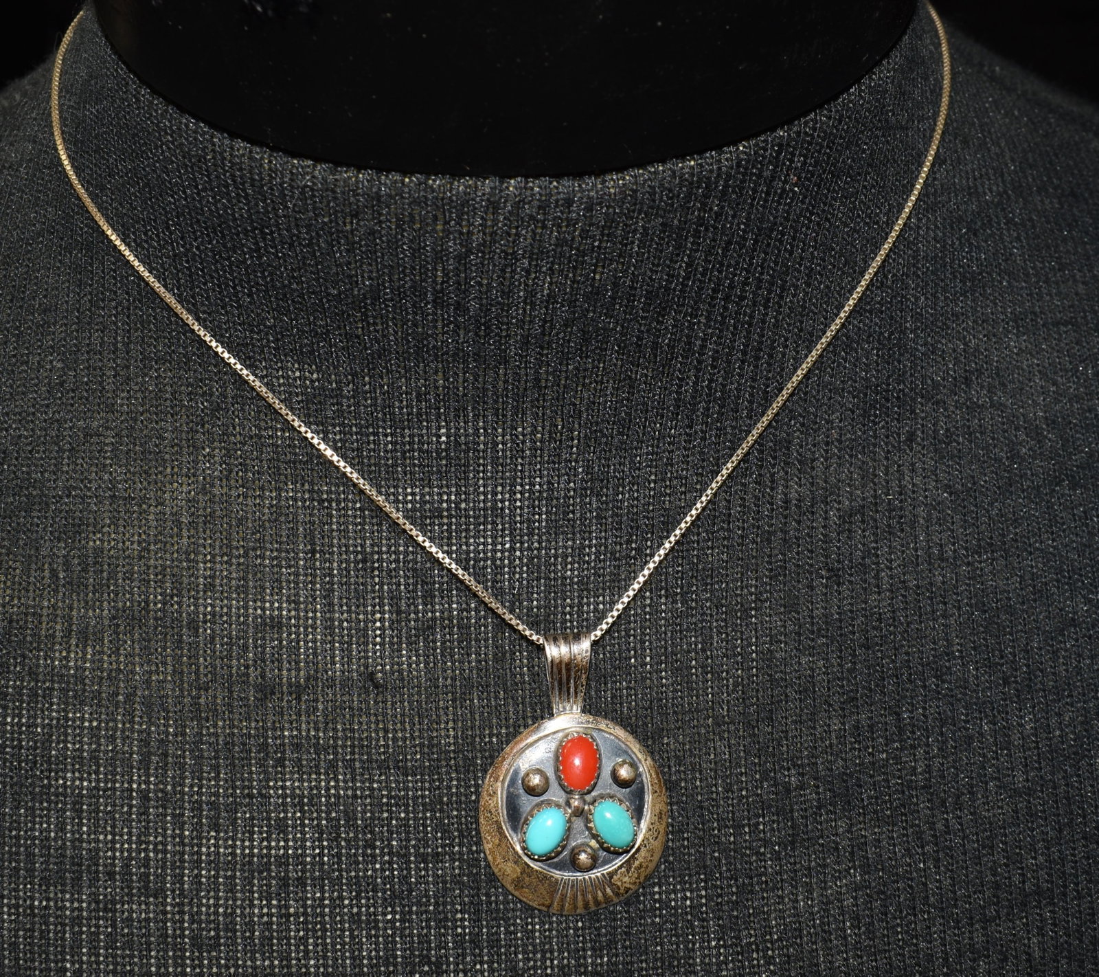 Vintage 1970's Hand Crafted Navajo Sterling Silver and Turquois Pendant with Necklace by P. White: Vintage 1970's Hand Crafted Navajo Sterling Silver and Turquois Pendant with Necklace by P. White. Philip White began making Navajo jewelry around the 1970s. He worked as a silversmith for the Atkinso