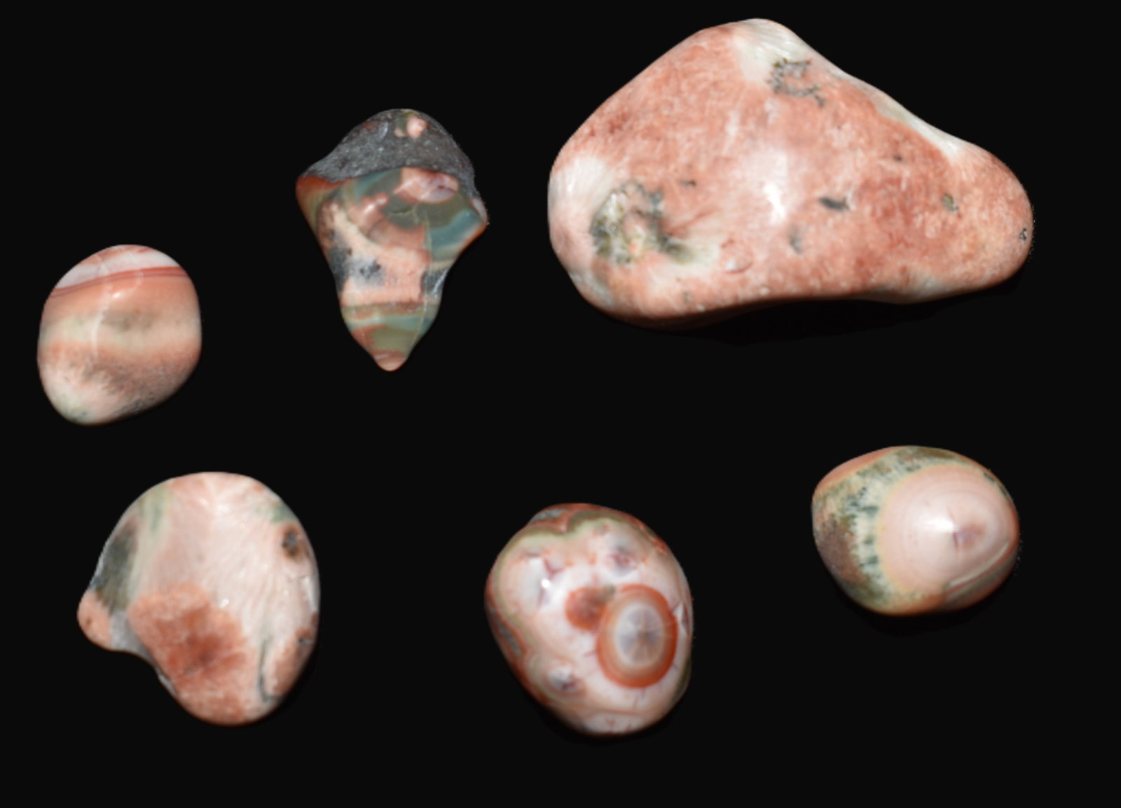 6 Multi-Color Lake Superior Thompsonite Specimens: 6 Multi-Color Lake Superior Thompsonite Specimens. Very nice jewelry grade Thompsonite Stones measuring 5/8" to 1 5/8"