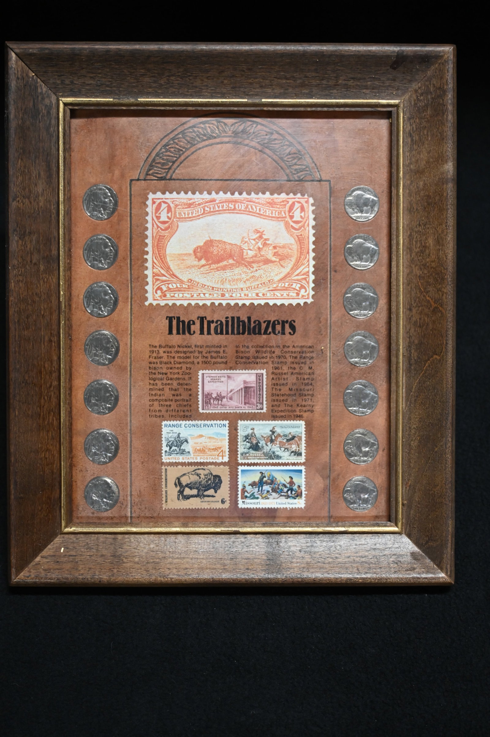 The Trailblazers Framed Buffalo Nickels and Stamps.: The Trailblazers Framed Buffalo Nickels and Stamps.
