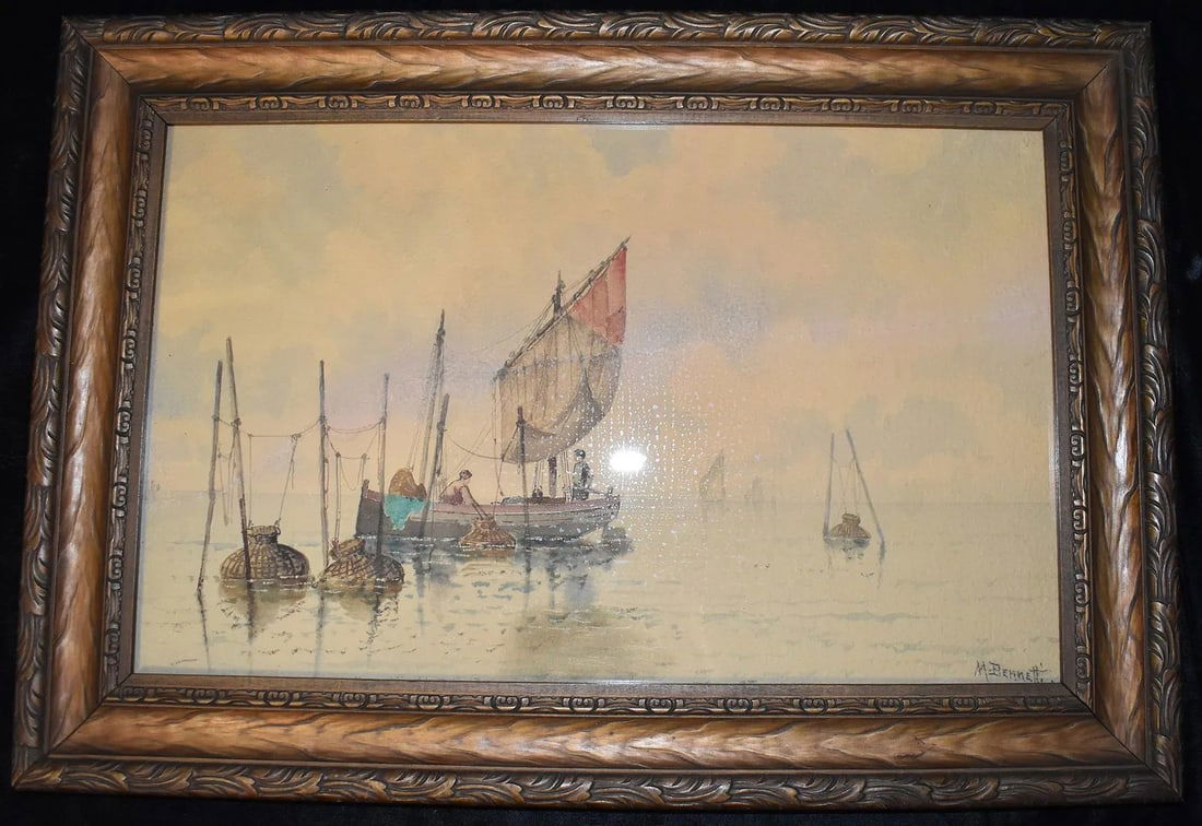 19th Century Maritime Themed Watercolors Painting by M. Bennetti - Lobster Fishing (1 of 8)