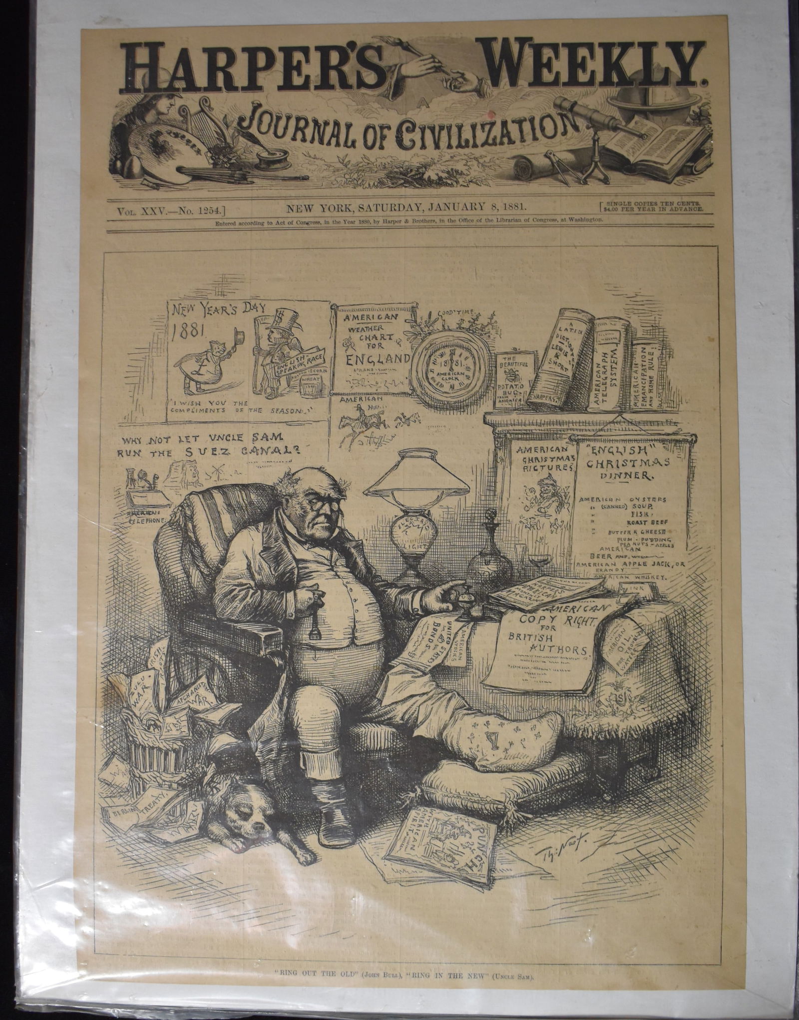 1881 Thomas Nast Harper's Weekly Lithograph - "Ring Out the Old" and "Ring in the New": 1881 Thomas Nast Harper's Weekly Lithograph - "Ring Out the Old" John Bull and "Ring in the New" Uncle Sam. Original lithograph from Harper's Weekly published in New York 1881. Excellent condition for