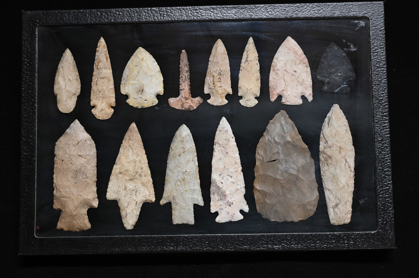Frame of 14 Arrowheads "Modern & Re-Chipped". 4" Longest and Frame measures 8" x 12".: Frame of 14 Arrowheads "Modern & Re-Chipped". 4" Longest and Frame measures 8" x 12".