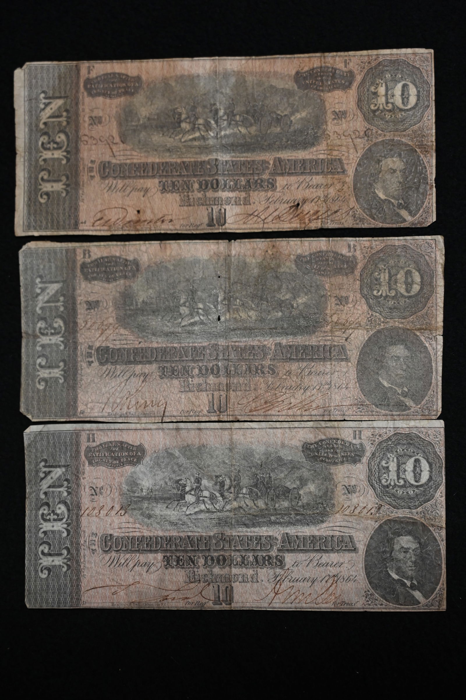 3 Confederate $10 Bills age unknown.  Paper appears to be correct for the age. (1 of 6)