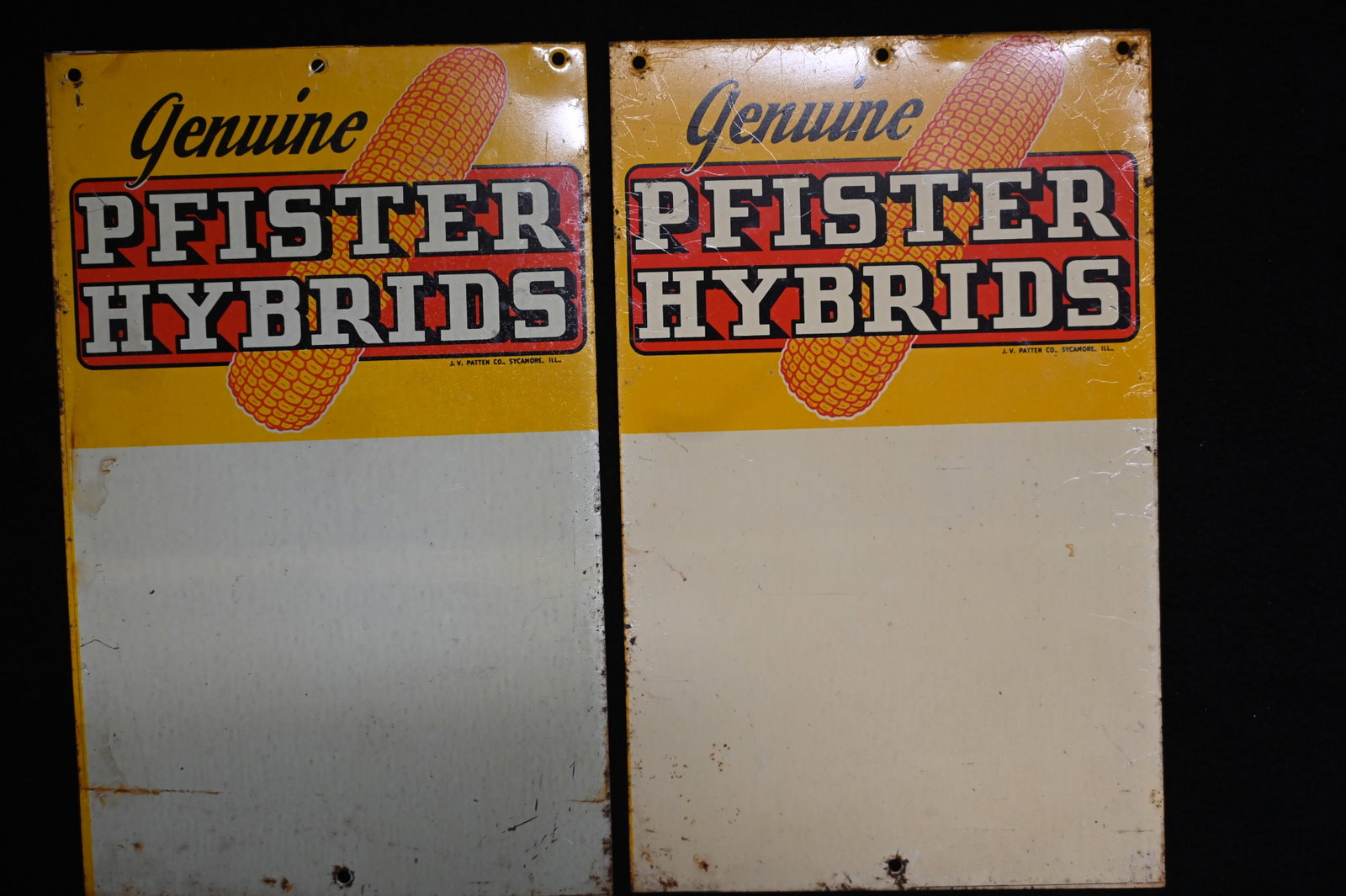 2 Vintage Genuine Phister Hybrids Seed Company Metal Signs 8" x 5".: 2 Vintage Genuine Phister Hybrids Seed Company Metal Signs 8" x 5". Phister Hybrids was created in the 1930's by Lester Pfister. It was one of the pioneer seed companys in the Midwest distributing to 