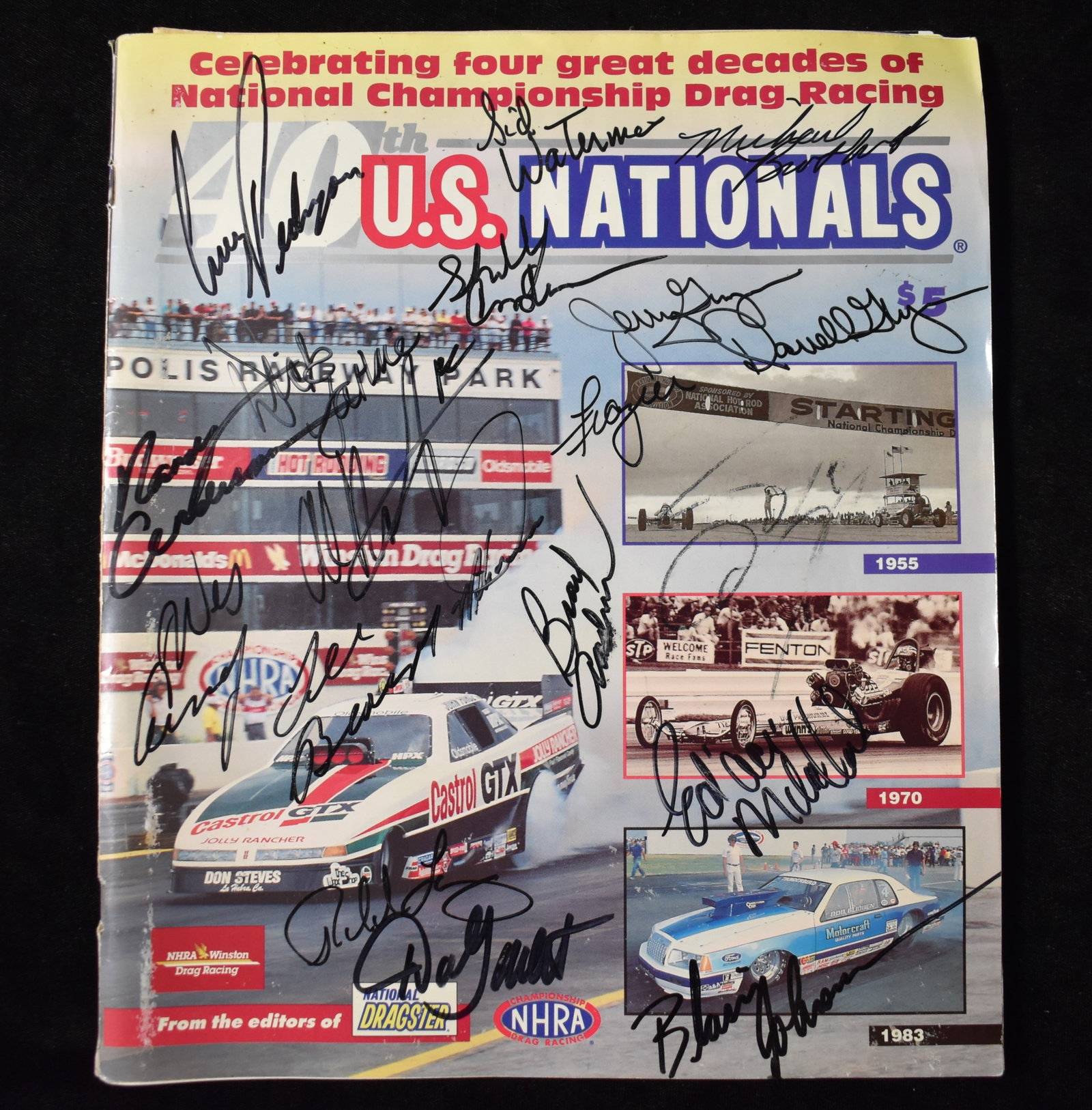 Heavily Autographed 40th Annual U.S. Nationals NHRA Drag Racing Magazine: Heavily Autographed 40th Annual U.S. Nationals NHRA Drag Racing Magazine. From the late Tim Harshman collection. Tim was an avid race car enthusiast. He spent much of his life following these racers a