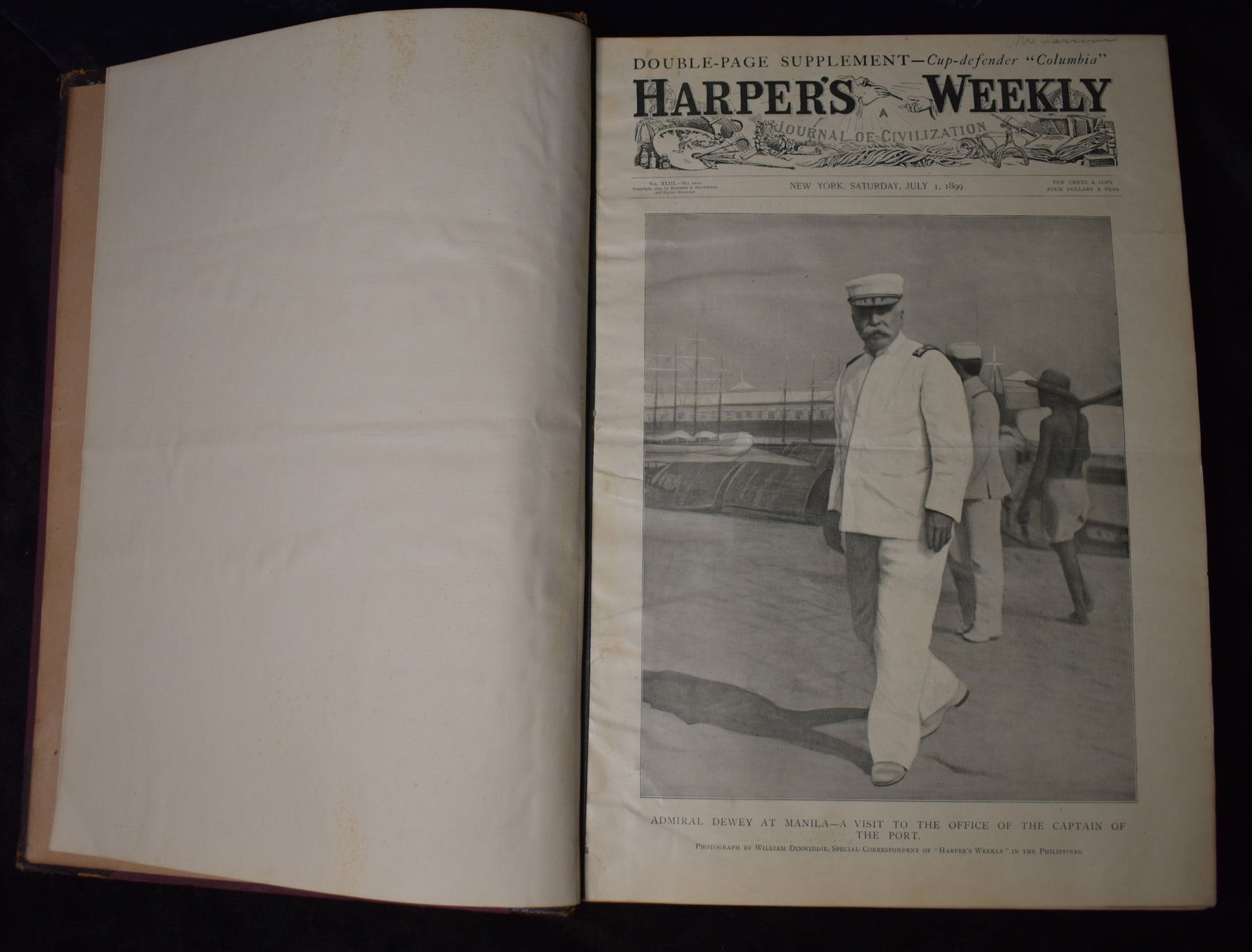Harpers Weekly Magazines July-December 1899 Folio Size Hardback: Folio Size Hardback containing Harpers Weekly Magazines July-December 1899. Several Harpers Magazines covering the July through december 1899 in a Folio Size Hardback Book. Cover has some wear with da