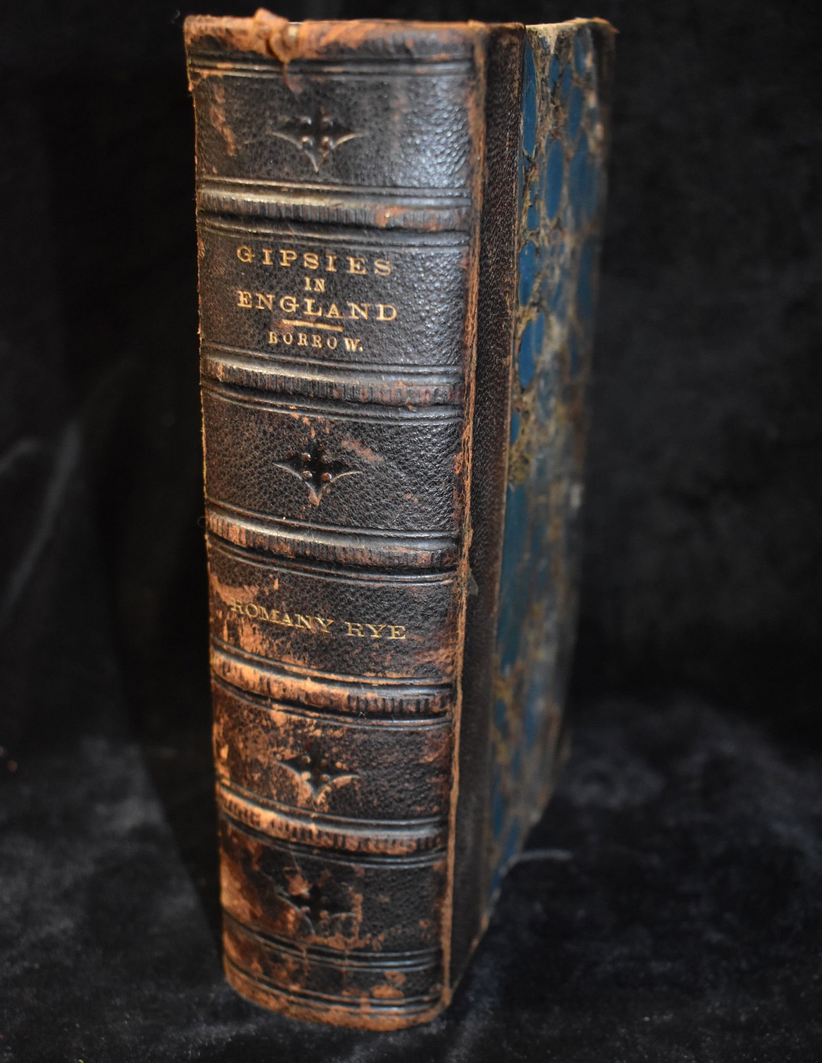 1858 THE ROMANY RYE; A SEQUEL TO LAVENGRO by George Borrow: THE ROMANY RYE; A SEQUEL TO LAVENGRO by George Borrow. Published by John Murray, London, 1858. Half leather hardback with colorful boards and inpages. Cover has a fair amount of shelf wear. Past that
