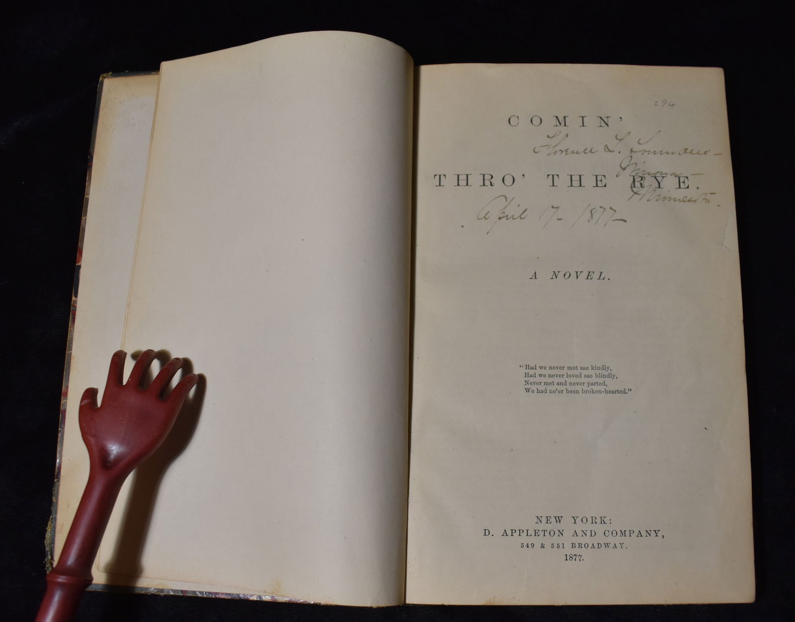 1877 Comin' Thro' The Rye by Ellen Buckingham Matthews: Comin' Thro' The Rye by Matthews, Ellen Buckingham and Helen Mathers. Published by Appleton, New York, 1877. Publishers original quarter leather hardback with decorative boards and gold gilt. Cover ha
