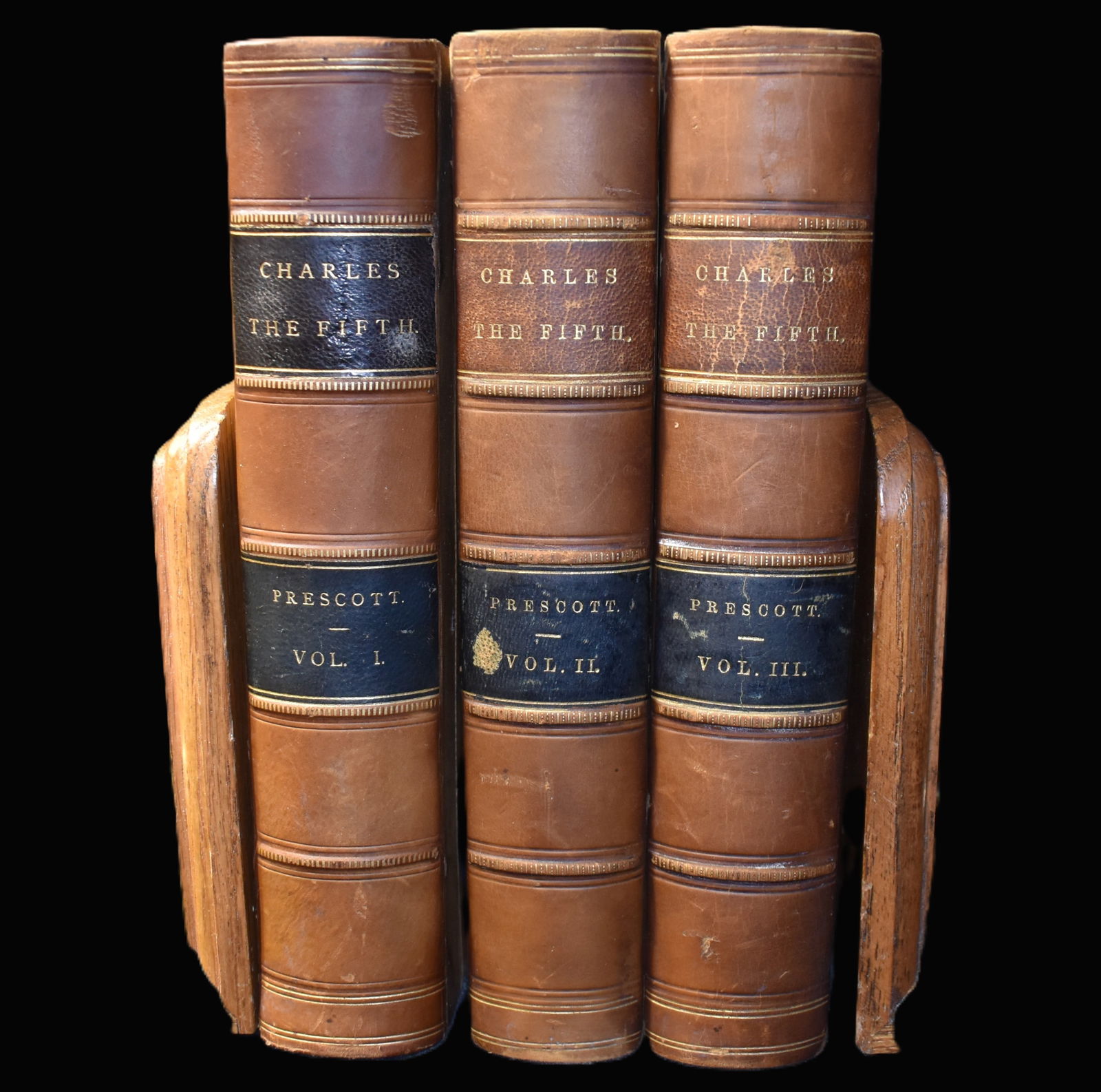 1864 History of the Reign of Charles The Fifth, King of Spain by William Prescott: History of the Reign of Charles The 5th, King of Spain by William Prescott. Published by Lippincott & Co., 1864. Publishers original half leather hardbacks with decorative boards. Very good condition