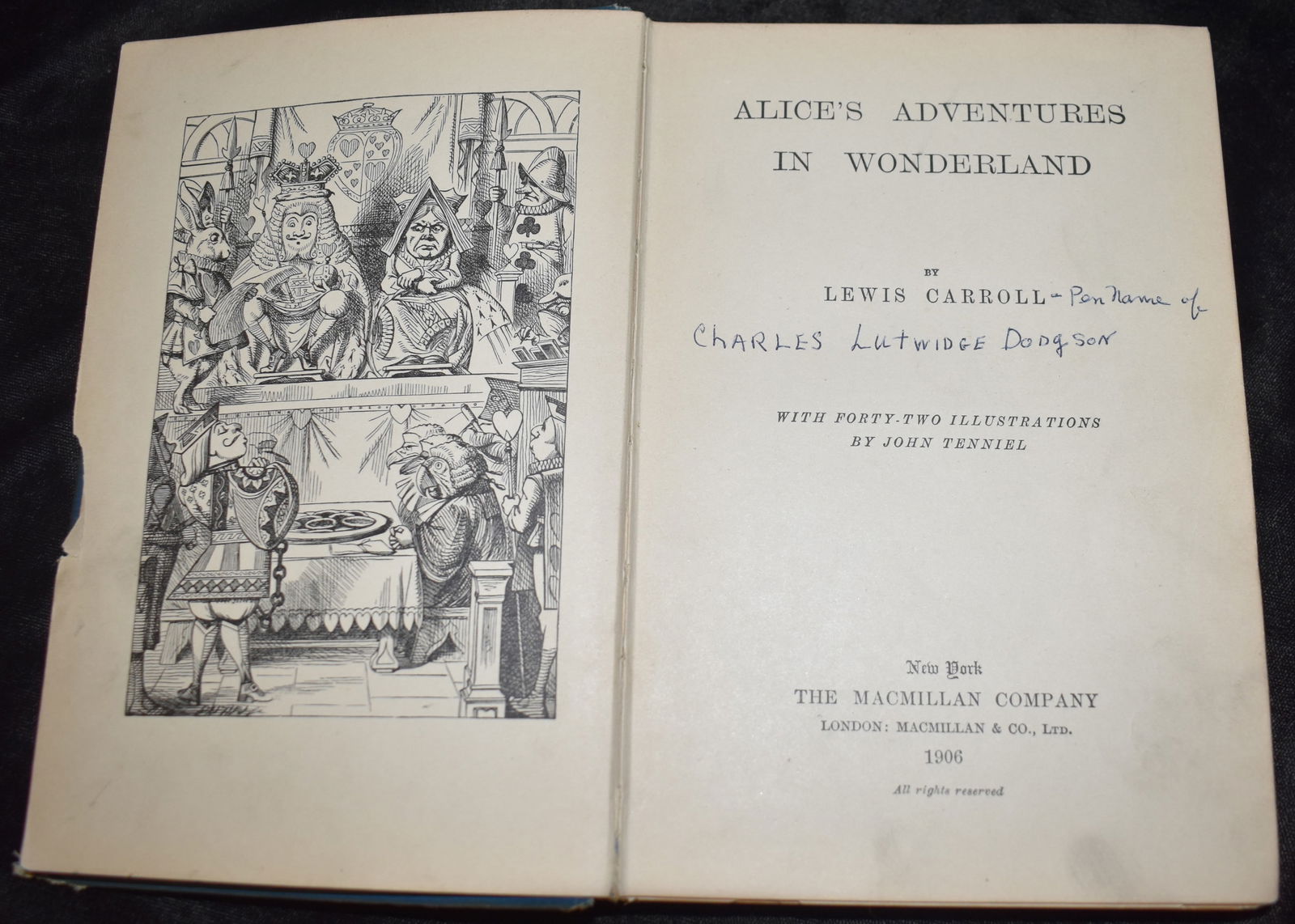 1800's childrens books: Alice's Adventures Under Ground by CARROLL Lewis. Published by Macmillan and Co, New York. 1906. Fair condition hardback. Cover has a lot of wear. Internally still intact with some page frays and a we