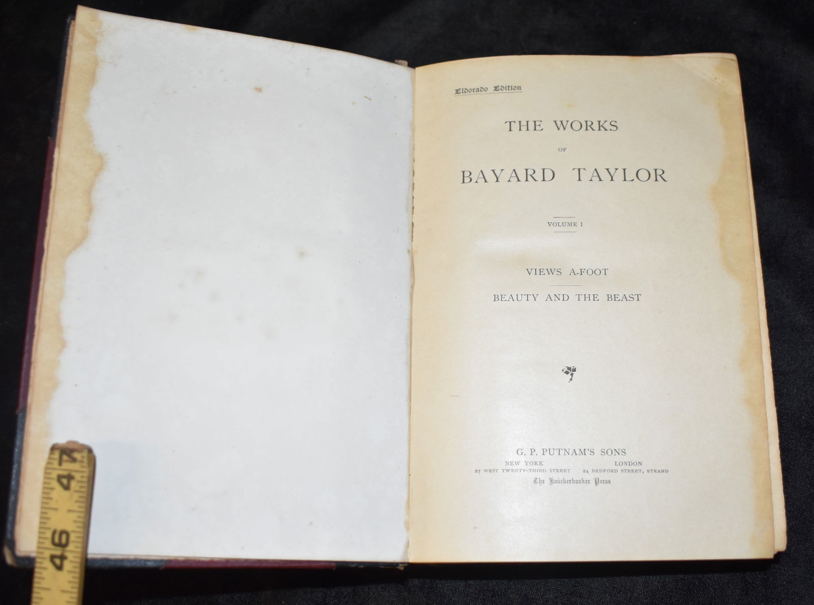 1882 The Works of Bayard Taylor (Volume I) - Views Afoot / Beauty and the Beast: The Works of Bayard Taylor (Volume I) - Views Afoot / Beauty and the Beast by Bayard Taylor. Published by G.P. Putnam's Sons, New York, 1882. Publishers original leather and cloth cover with gold gilt
