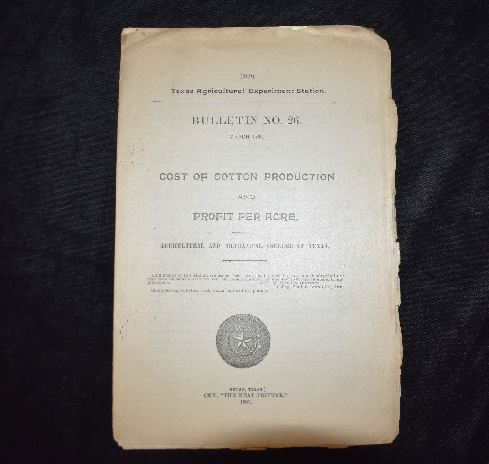 1893 Cost of Cotton Production and Profit Per Acre by A & M College of Texas (1 of 4)