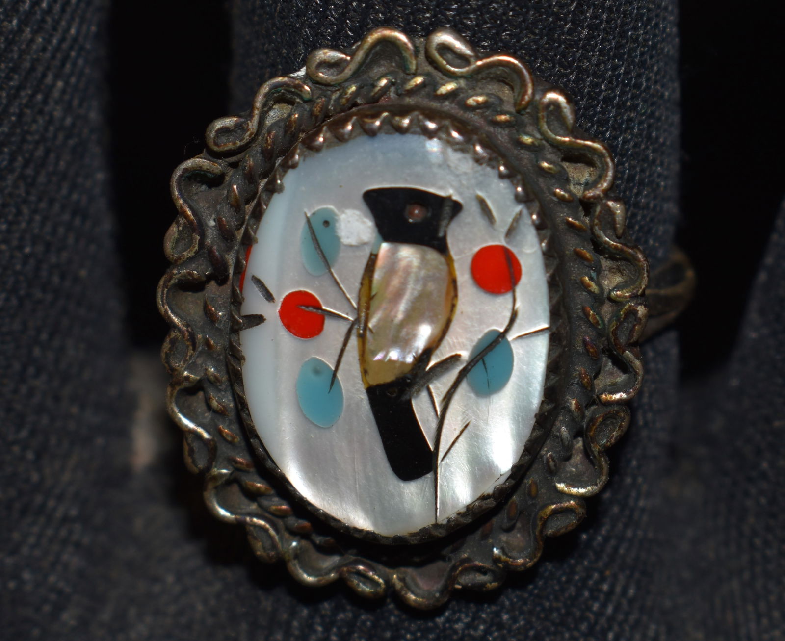 Old Pawn Zuni Turquoise Coral Mother of Pearl & Shell Inlay Ring - Mid Century - Size 8 1/2 (1 of 7)
