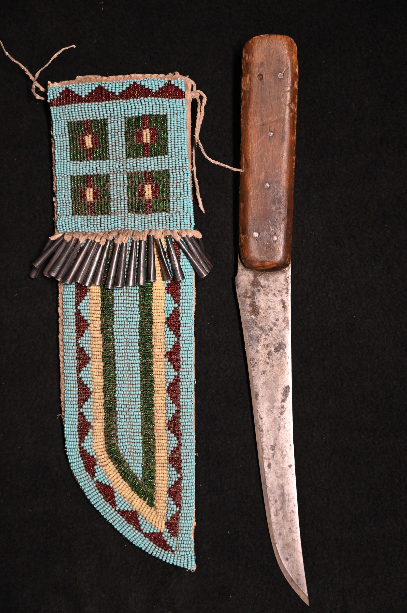 11 1/2" Leather Beaded & Coned Sheath with  13" I. Wilson Vintage Knife. (1 of 9)