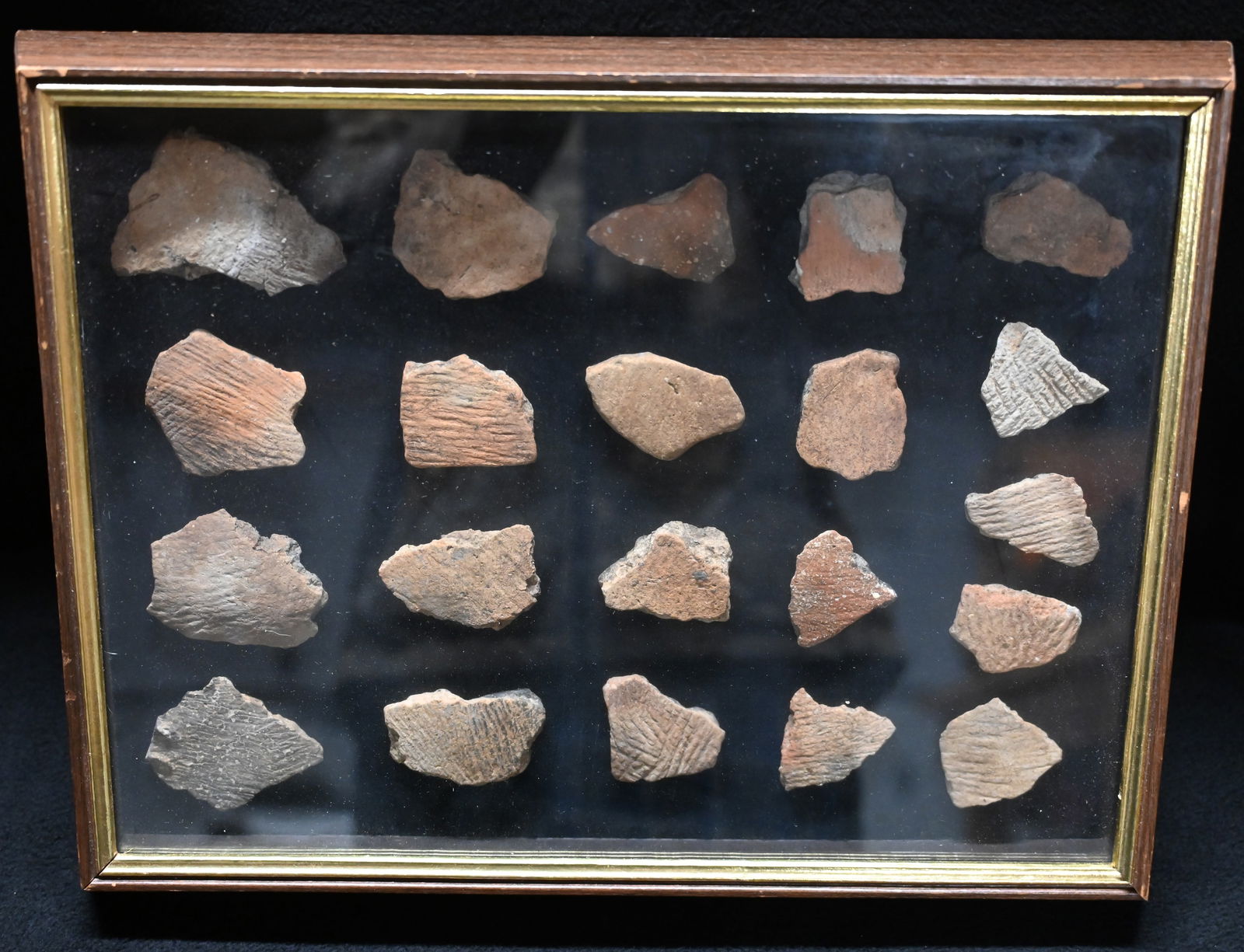 Framed Pottery Shards Found in St. Louis Co. Missouri.: Framed Pottery Shards Found in St. Louis Co. Missouri. 13" x 17" Frame of 21 Pottery Shards 3 1/4" Largest.