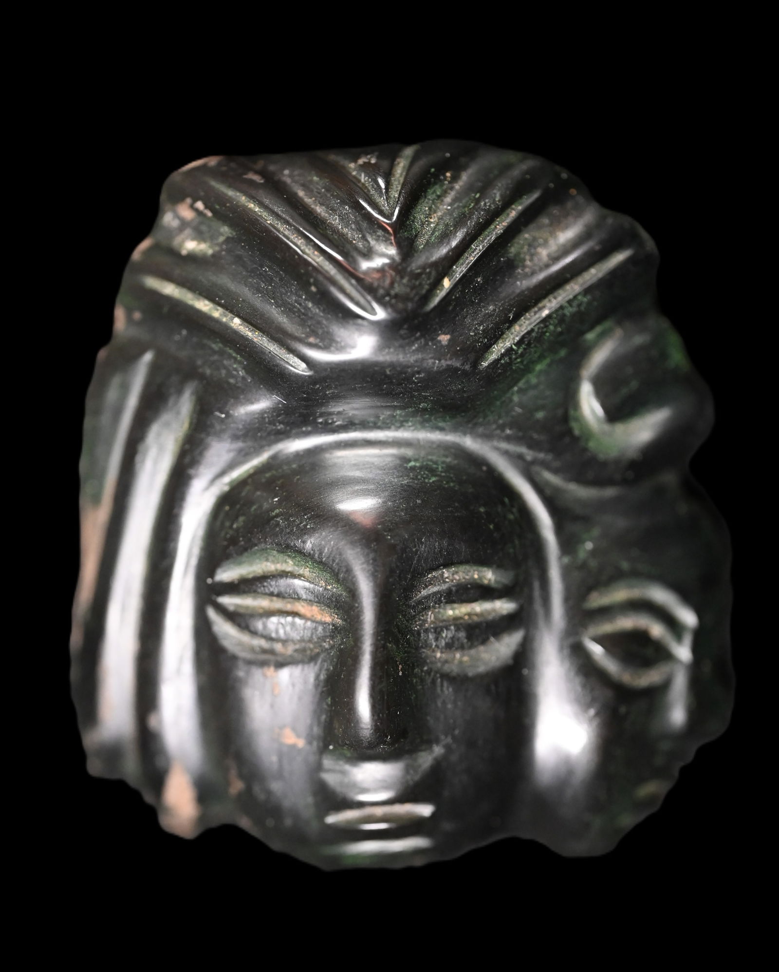 2 1/8" Pre-Columbian Obsidian Face Pendant.: 2 1/8" Pre-Columbian Obsidian Face Pendant.