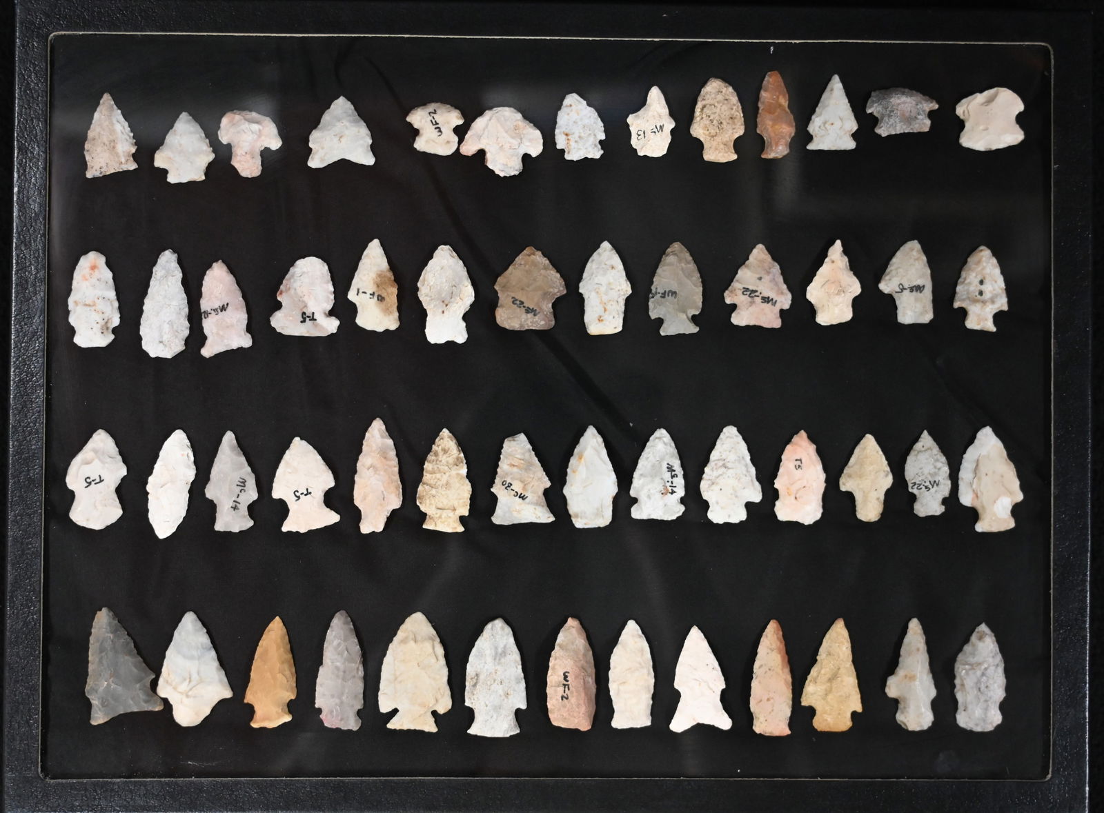 Frame of 53 Arrowheads Found in IL/MO 1 7/8" Longest. Includes Archaic -Woodland Period Artifacts. (1 of 6)