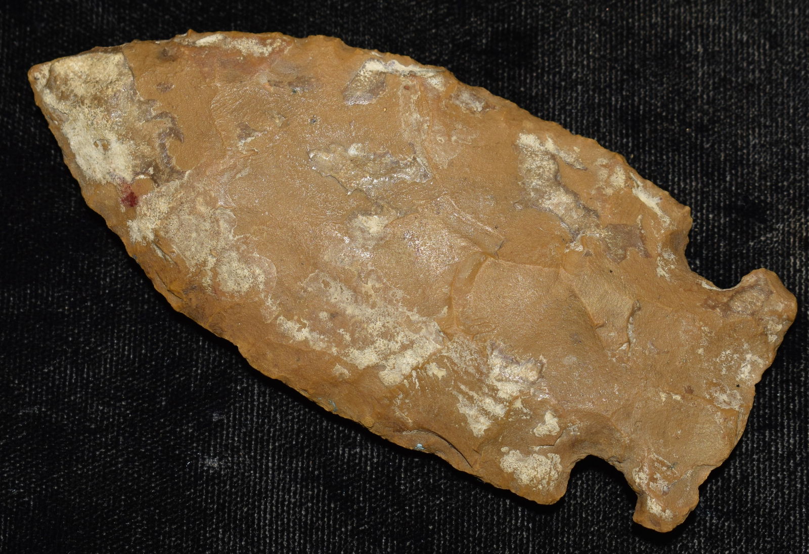 3 7/8" Susquehanna Broad Spear - Pennsylvania Jasper: 3 7/8" Susquehanna Broad Spear - Pennsylvania Jasper. Found in Indiana. From the late Raymond Peak Collection. Exhibits correct manufacture and excellent patination.