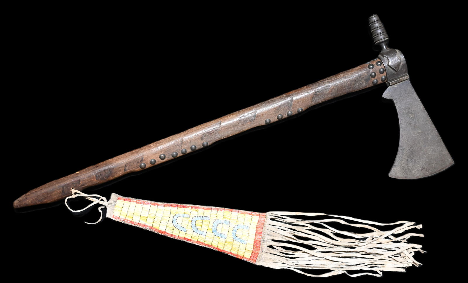 24" Pipe Tomahawk Tacked with Leather Quilled Drop. (1 of 13)