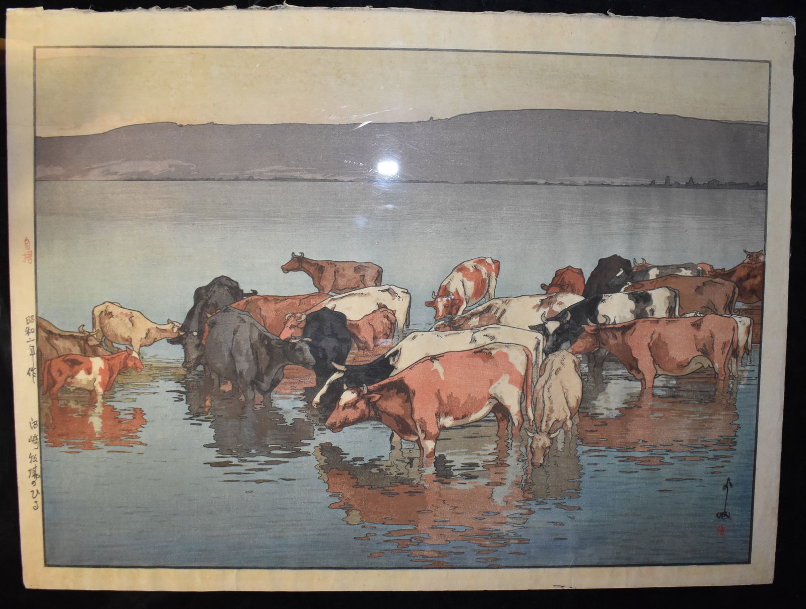 Original 1927 Hiroshi Yoshida "Noon Rest at Numazaki Pasture" Woodblock Print: Original 1927 Hiroshi Yoshida "Noon Rest at Numazaki Pasture" Woodblock Print. Hiroshi Yoshida (1876–1950). Noon Rest at Numazaki Pasture / Noon Day’s Rest Woodblock print published by the artist