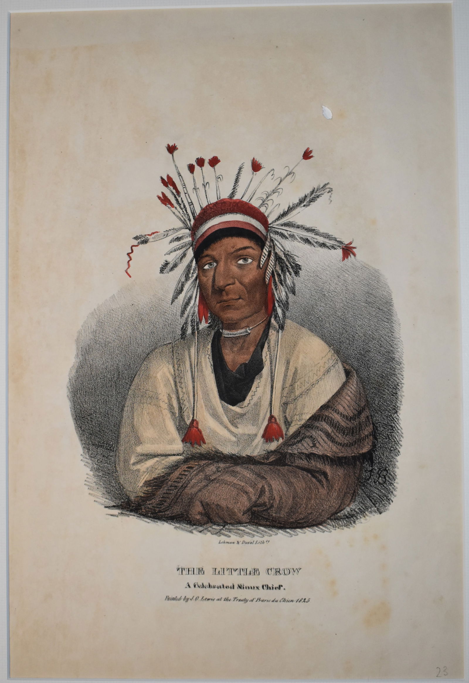 Original 1835 J.O. Lewis Hand Painted Lithograph of "The Little Crow": Original 1835 J.O. Lewis Hand Painted Lithograph of "The Little Crow - A Celebrated Sioux Chief". J. O. Lewis initially did this sketch of "The Little Crow" in 1825. Published in 1835 by Lehman and Du