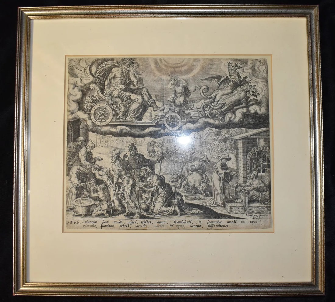 Original 1566 Steel Engraving "The Planet Mercury and His Children" by Maerten Van Heemskerck: Original 1566 Steel Engraving "The Planet Mercury and His Children" by Maerten Van Heemskerck. The engraving titled "The Planet Mercury and His Children," created in 1566 by Maerten Van Heemskerck, is
