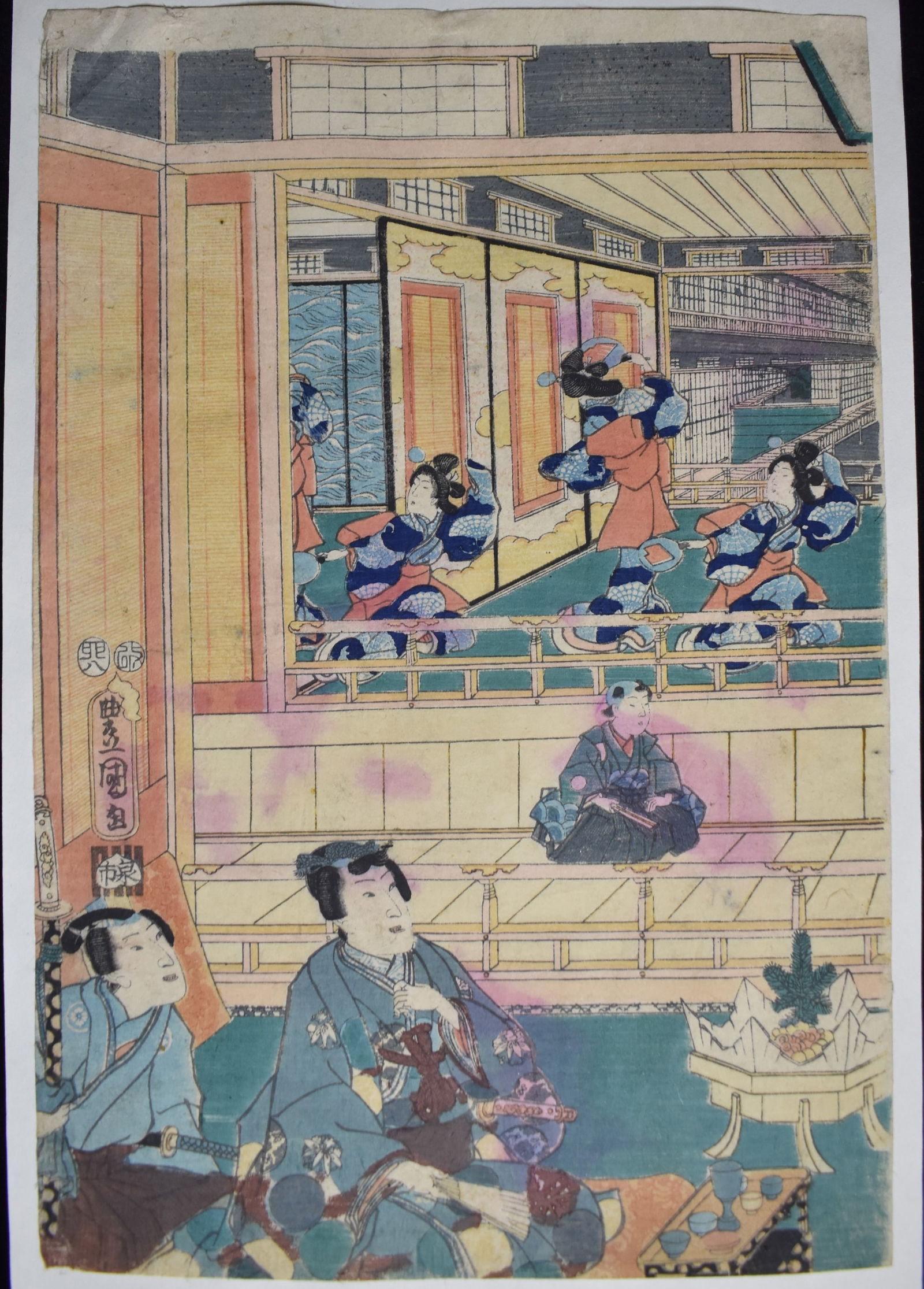 Original UTAGAWA KUNISADA Ukiyo-e Japanese Woodblock Print - Edo Period Early 1800's: Original UTAGAWA KUNISADA Ukiyo-e Japanese Woodblock Print - Edo Period early 1800's. UTAGAWA KUNISADA (Toyokuni III) Japanese Woodblock Print of the Pleasure District in Tokyo. Consistent with ukiyo-