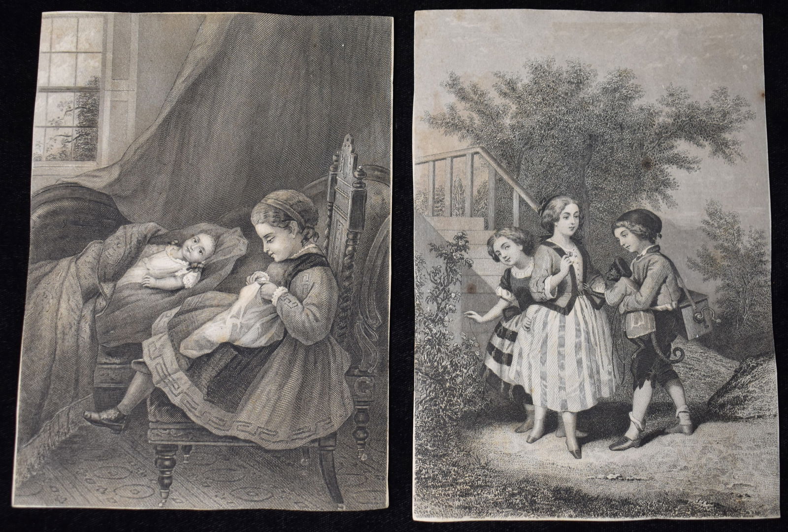 1867 Steel Engraving "Watching Baby" (1 of 3)