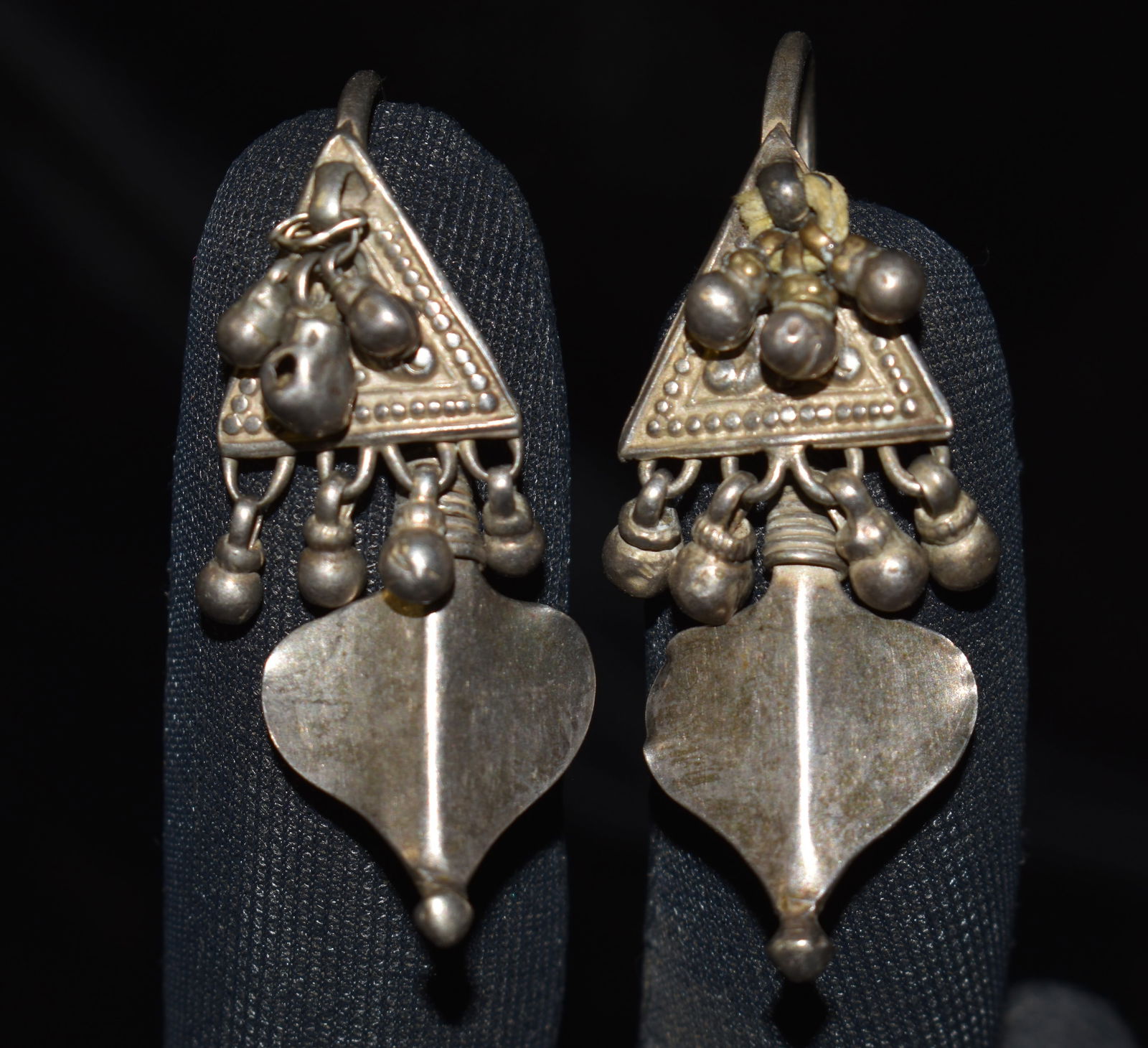 Very Old Hand Crafted Silver Ognia Earrings From Rajasthan, India: Ognia earrings are traditional Rajasthani earrings, often pipal-leaf shaped, handcrafted in silver with intricate detailing that reflects cultural heritage and artisanal craftsmanship. Excellent condi