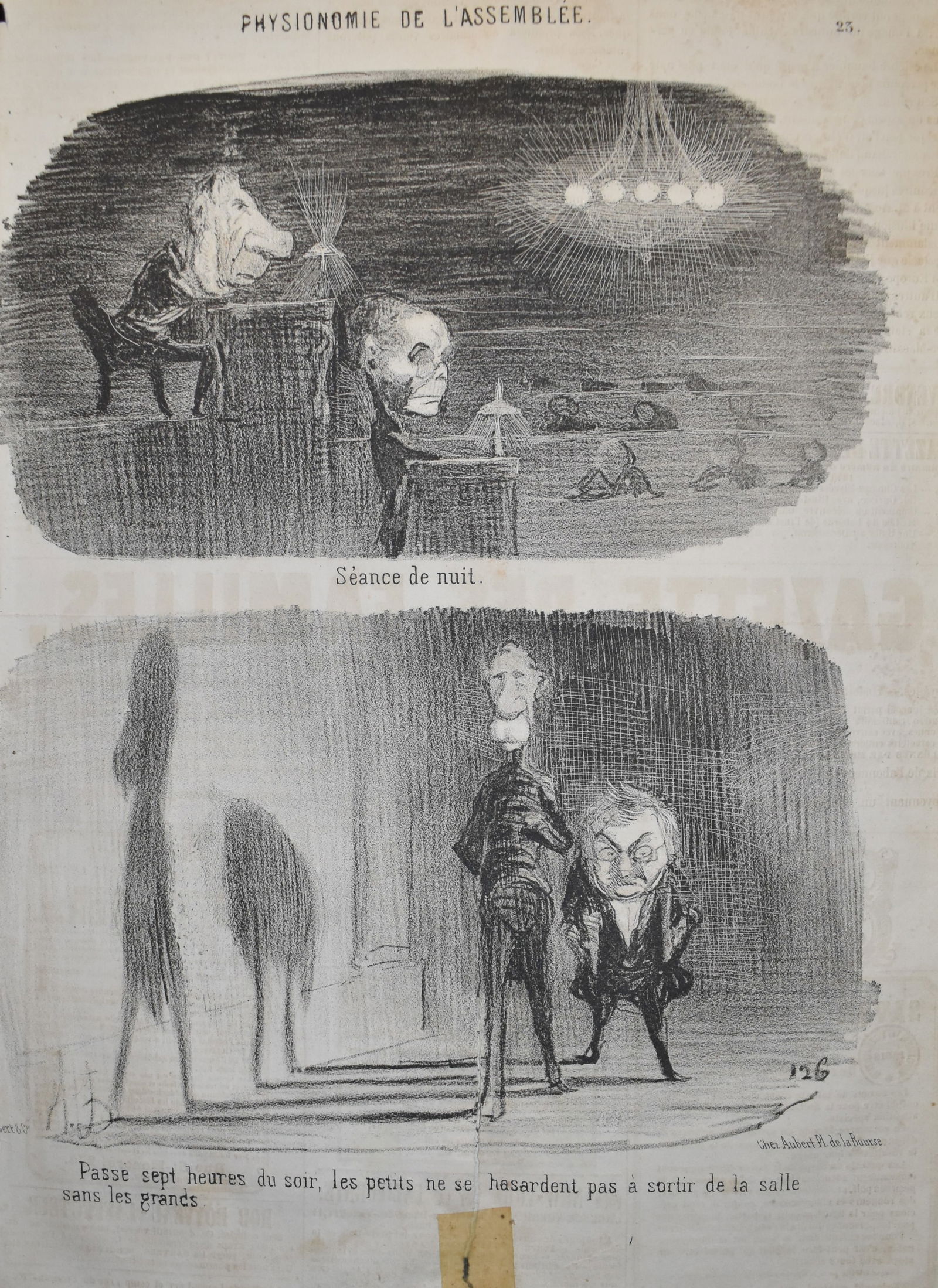 Original Lithograph by Honore Daumier circa 1850-1851 "Seance de nuit" (Night Session): "Seance de nuit" (Night Session) is No. 23 in Honore Daumier’s satirical print series Physionomies de L' Assemblee ("Physiognomies of the Assembly"). The series was published in the French satirical
