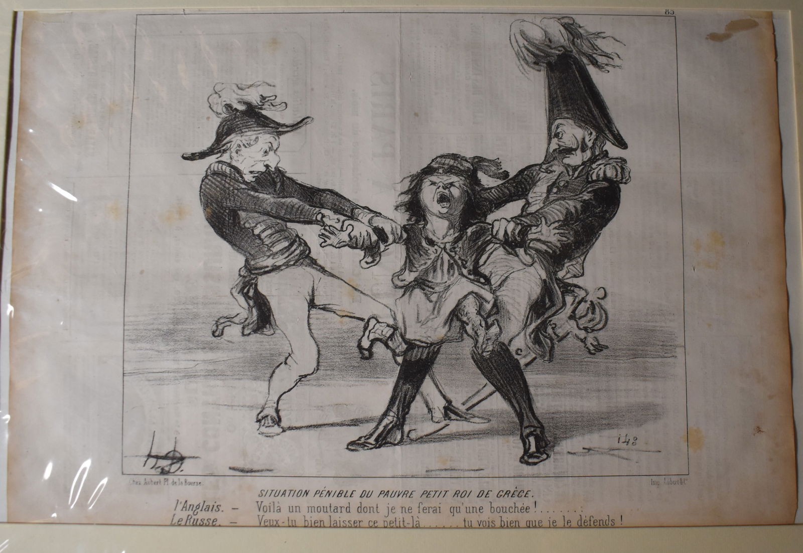 1800's Lithograph by Draumier - French Political Satire: Created by Honoré Daumier in 1850 and published in the French satirical newspaper Le Charivari, this lithograph illustrates the political pressures faced by King Otto of Greece, who ascended the thro