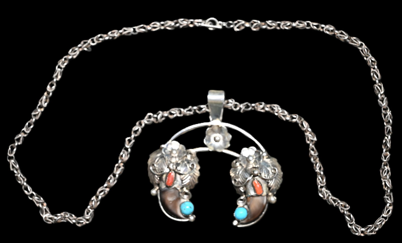 Navajo Double Bear Claw Pendant Necklace made by Jerry Thompson. (1 of 7)