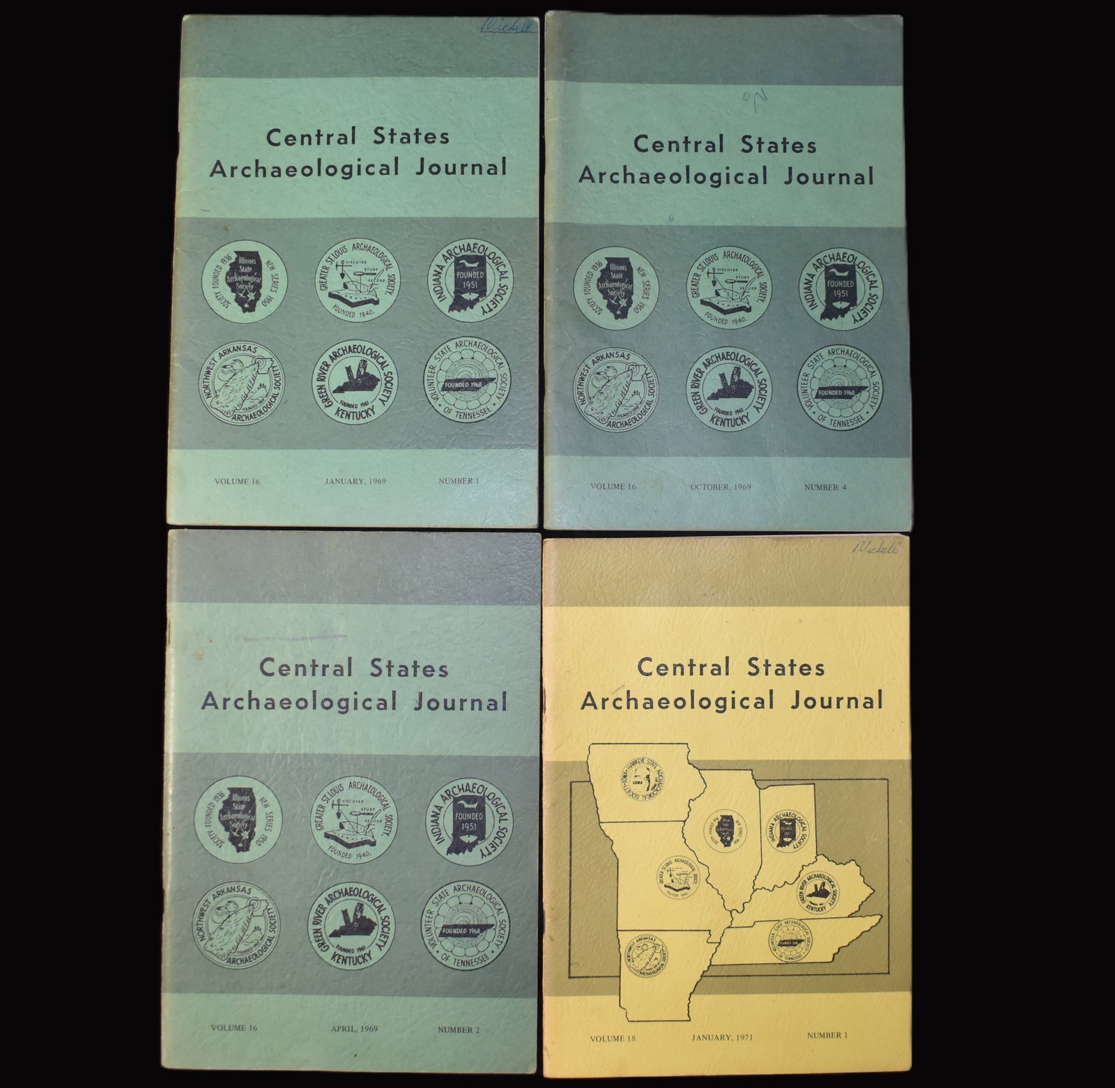 1969 Central States Archaeological Journals - Volumes 16 - 1, 2 & 4 plus Volume 18 #1 from 1971: 1969 Central States Archaeological Journals - Volumes 16 - 1, 2 & 4 plus Volume 18 #1 from 1971. A combined publication by the Illinois State Archaeological Society, Greater St Louis Archaeological So