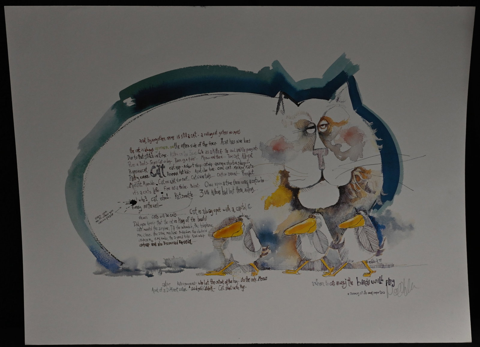 Large 1977 Signed Don Nedobeck Cat Watercolor 17 1/2" x 23 1/4".: Large 1977 Signed Don Nedobeck Cat Watercolor 17 1/2" x 23 1/4".